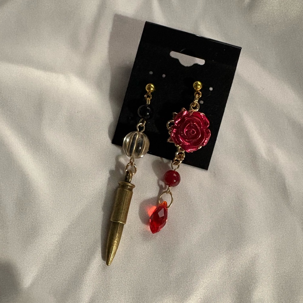 Asymmetric Red Rose & Bullet Drop Earrings - Gold Tone
